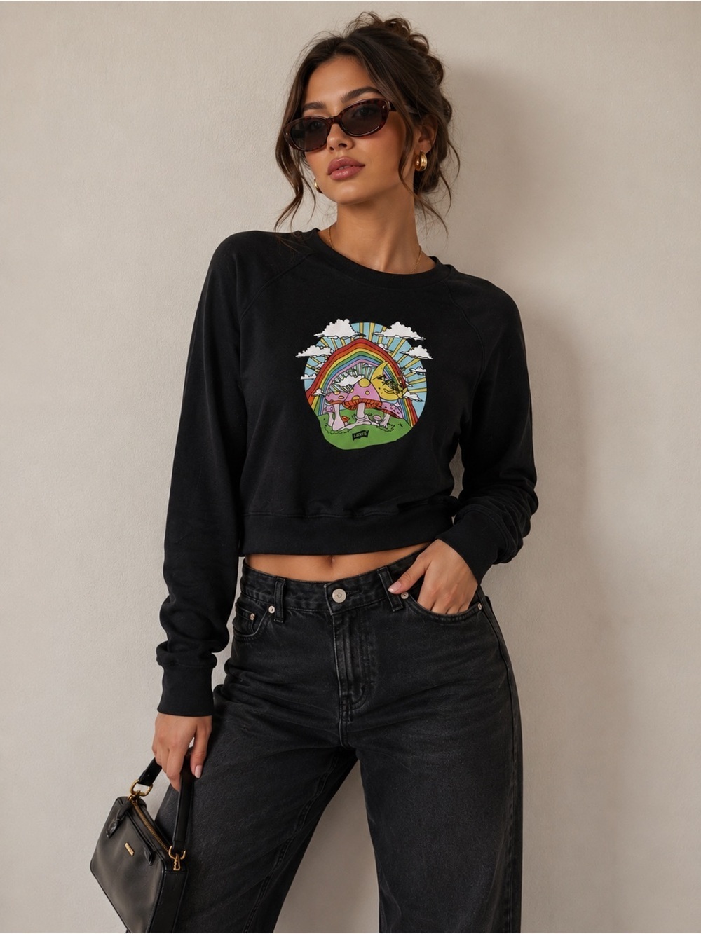 Levi’s Black Cropped Graphic Sweatshirt Rainbow Mushroom Medium